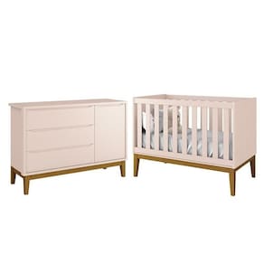 Jogo De Quarto Infantil Cômoda 1 Porta E Berço Classic Rosa Fosco Com Pés Amadeirado - Reller Móveis Rosa Fosco