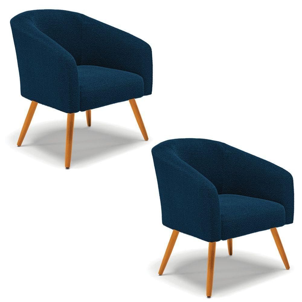 Poltrona Para Sala Pé Palito Castanho Kit 2 Stella Bouclê Azul D03 - D`rossi