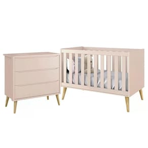 Jogo De Quarto Infantil TheoCômoda 3 Gavetas E Berço Rosa Fosco Com Pés Madeira Natural- Reller Móveis Rosa Fosco