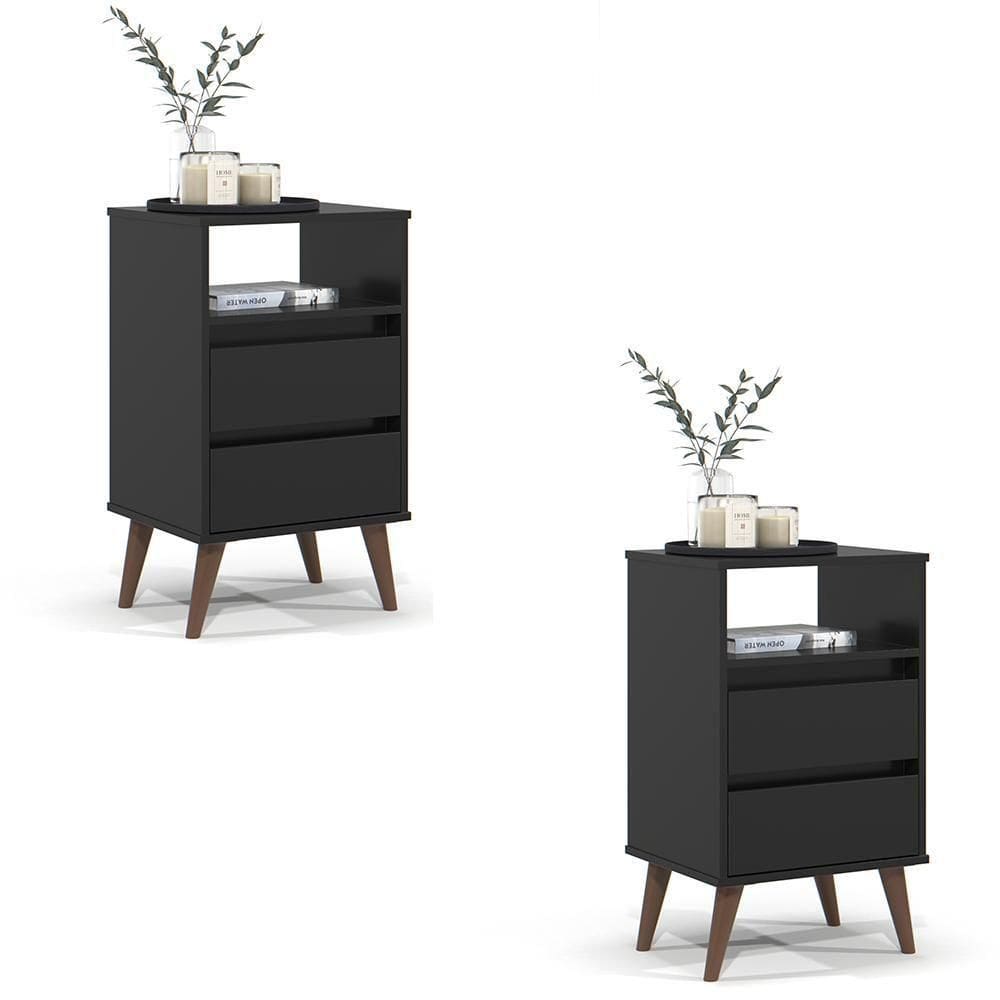 Kit 2 Mesa De Cabeceira Roma Quarto Com 2 Gavetas Preto
