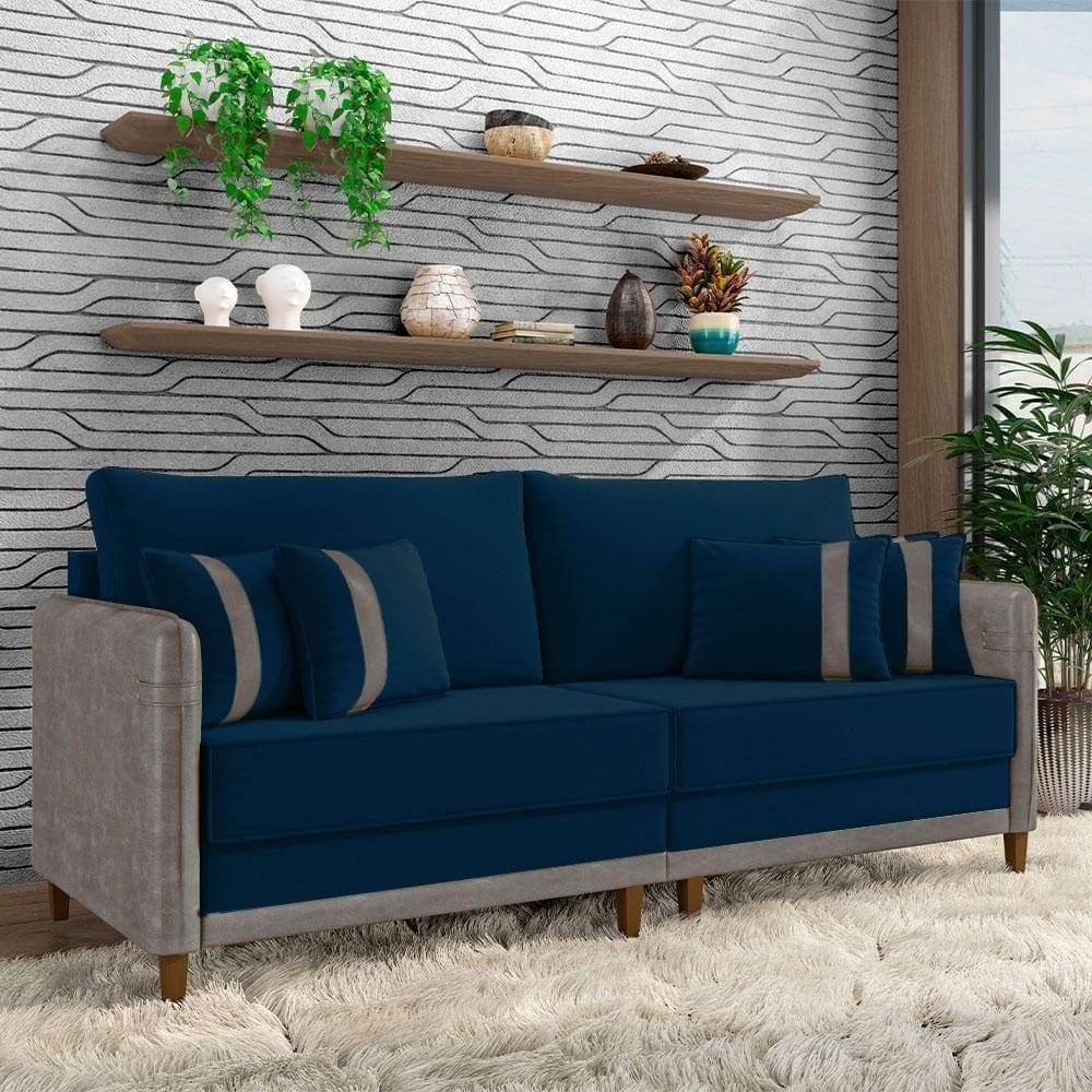 Sofá Living Montecarlo 3 Lugares Bipartido 252cm Pés Em Madeira Veludo-pu Azul-cinza G33 Gran Belo