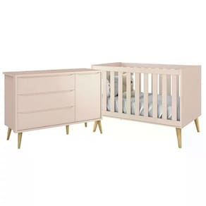 Jogo De Quarto Infantil Theo Cômoda E Berço Rosa Fosco Com Pés Madeira Natural - Reller Móveis Rosa Fosco