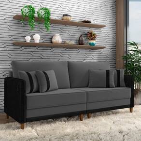 Sofá Living Montecarlo 3 Lugares Bipartido 252cm Pés Em Madeira Veludo-pu Grafite-preto G33 Gran Belo