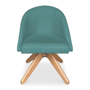 Poltrona Cadeira Giratória Bela Suede Azul Turquesa Base De Madeira - Pallazio