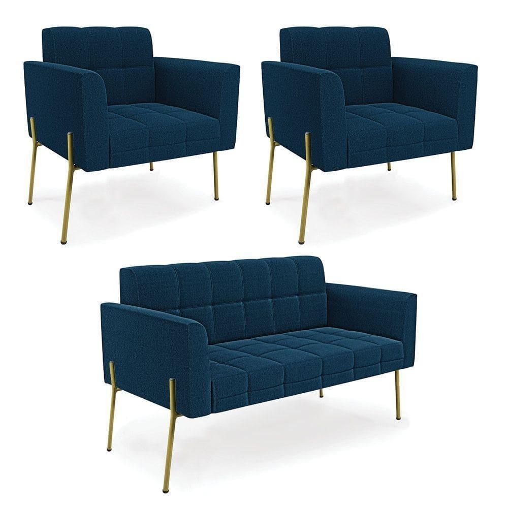Namoradeira E 2 Poltronas Pé De Ferro Dourado Elisa Bouclê Azul D03 - D`rossi