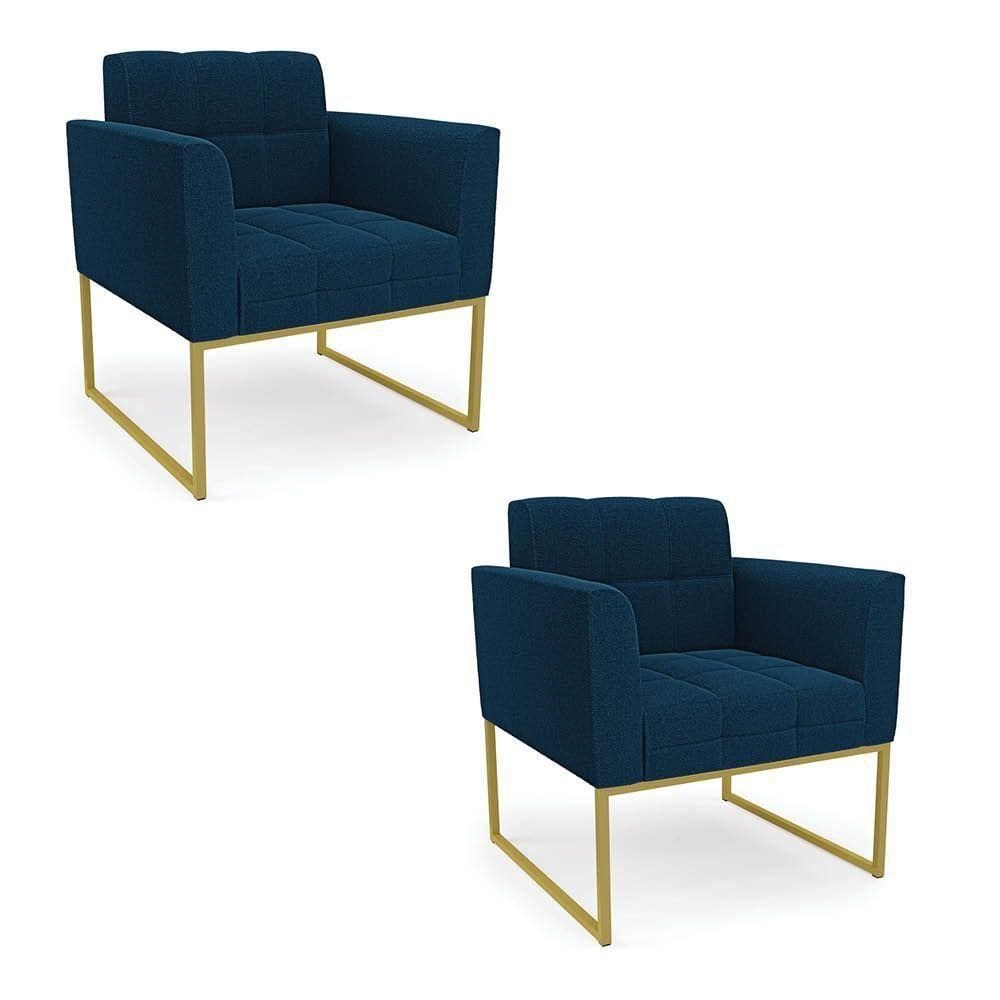 Poltrona Decorativa Industrial Dourado Kit 2 Elisa Bouclê D03 - D`rossi Cor Azul