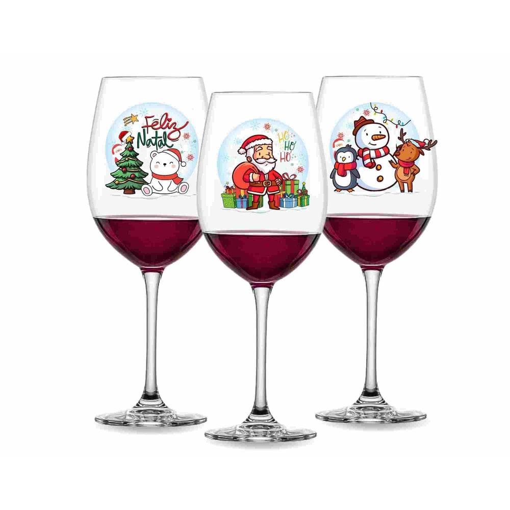 Jogo 3 Taças Vinho 465Ml Vidro Estampada Natal Fim De Ano