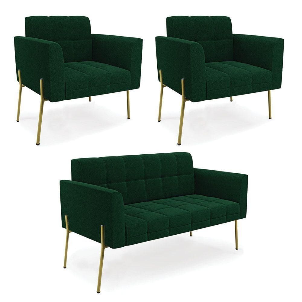 Namoradeira E 2 Poltronas Pé De Ferro Dourado Elisa Bouclê Verde D03 - D`rossi