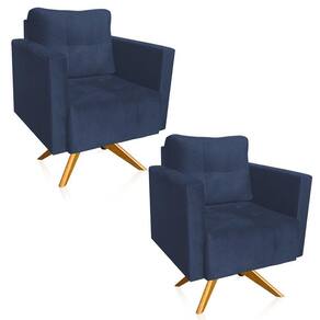 Kit 2 Poltronas Giratória Livia Suede Base De Madeira Ma30 Cor Azul Marinho