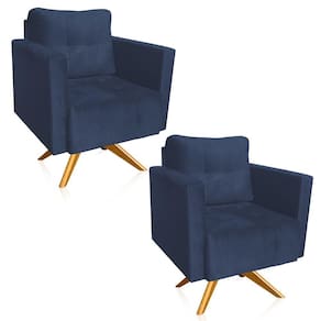 Kit 2 Poltronas Giratória Livia Suede Azul Marinho Base De Madeira Ma30 - D`rossi