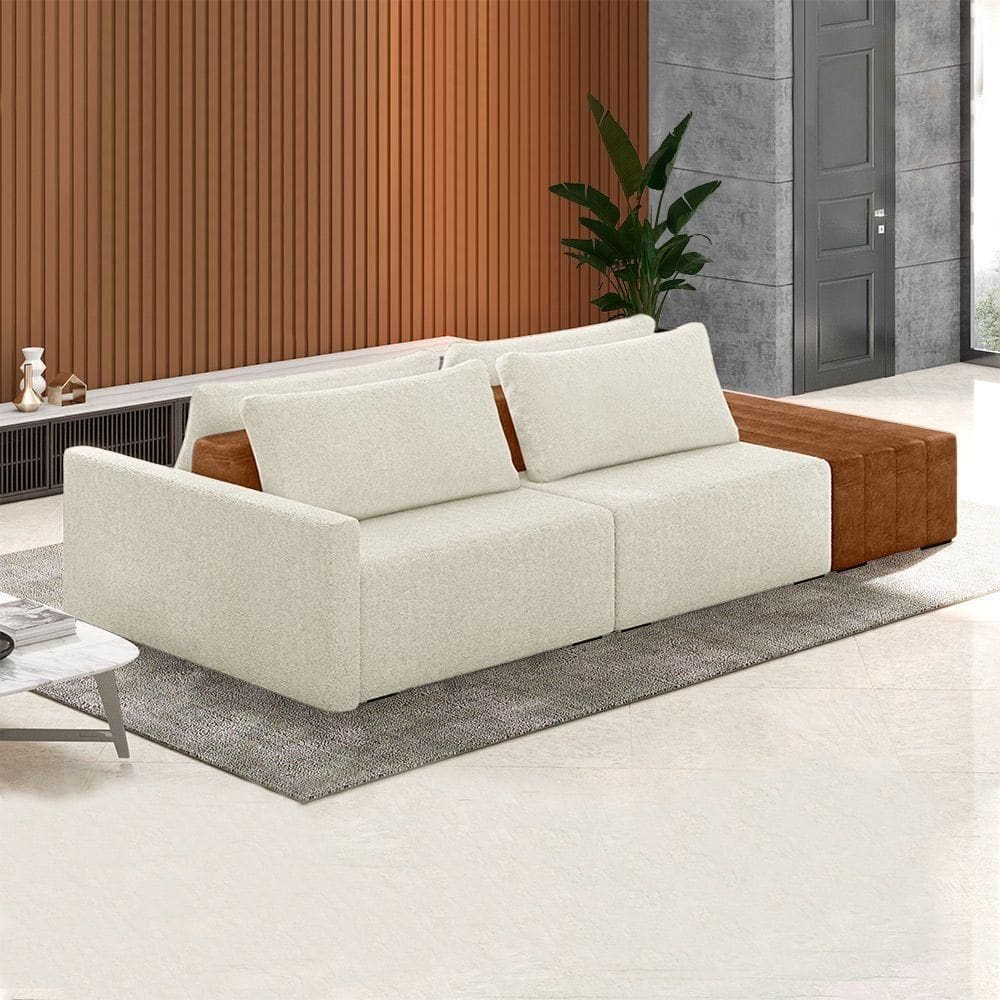Sofá Ilha Modulado Milos 232cm Puff Lateral Offwhite Caramelo Manchado Bouclê/pu G33 - Gran Belo
