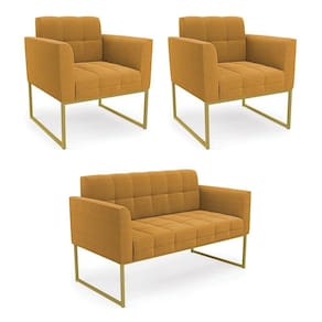 Namoradeira E 2 Poltronas Industrial Dourado Elisa Bouclê Mostarda D03 - D`rossi