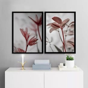 Kit 2 Quadros Modernos Florais Cinza E Vinho 45X34Cm - Vidro