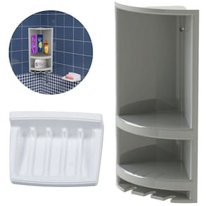 Cantoneira Porta Shampoo Cinza + Saboneteira Plástica Branca