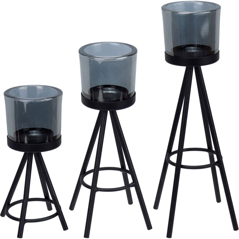 Jogo 3 Castiçal Porta Vela Suporte Home&Co Cúpula Vidro Metal Preto