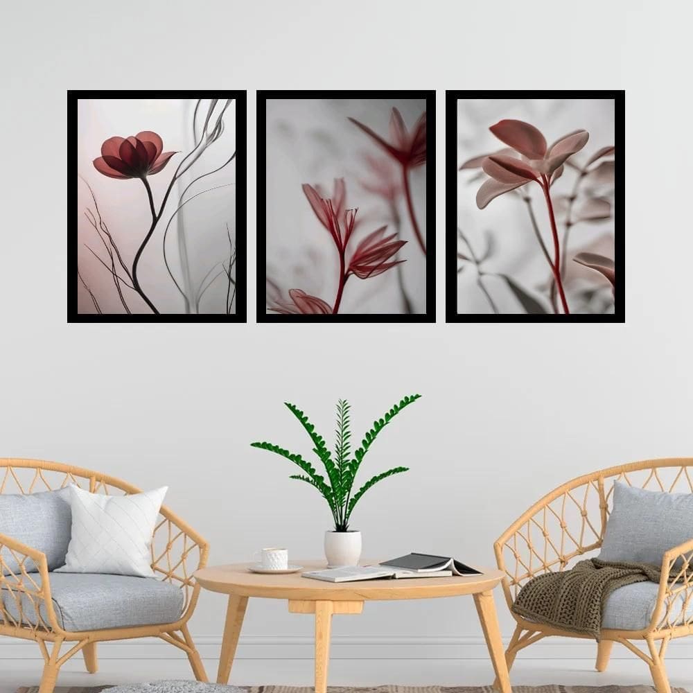 Kit 3 Quadros Modernas Flores Nuances Cinza 45X34Cm - Vidro