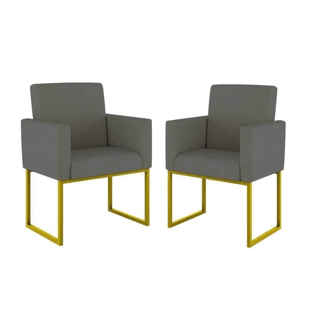 Kit 02 Poltronas Com Base De Ferro Dourado Reforçada Balaqui Decor Cinza