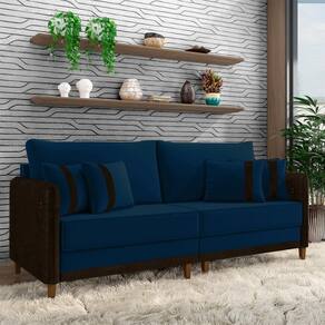 Sofá Living Montecarlo 3 Lugares Bipartido 252cm Pés Em Madeira Veludo-pu Azul-marrom G33 Gran Belo