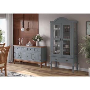Conjunto Cristaleira Luis Xv Alta Com Balcão 4 P E 4 G De Madeira Maciça E Mdf Cinza