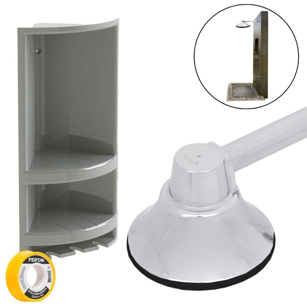 Chuveiro Ducha Fria 9Cm Cromado + Porta Shampoo Cinza
