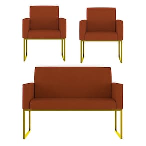 Kit 2 Poltronas + Namoradeira 2 Lugares Recepção Base Dourada Terracota