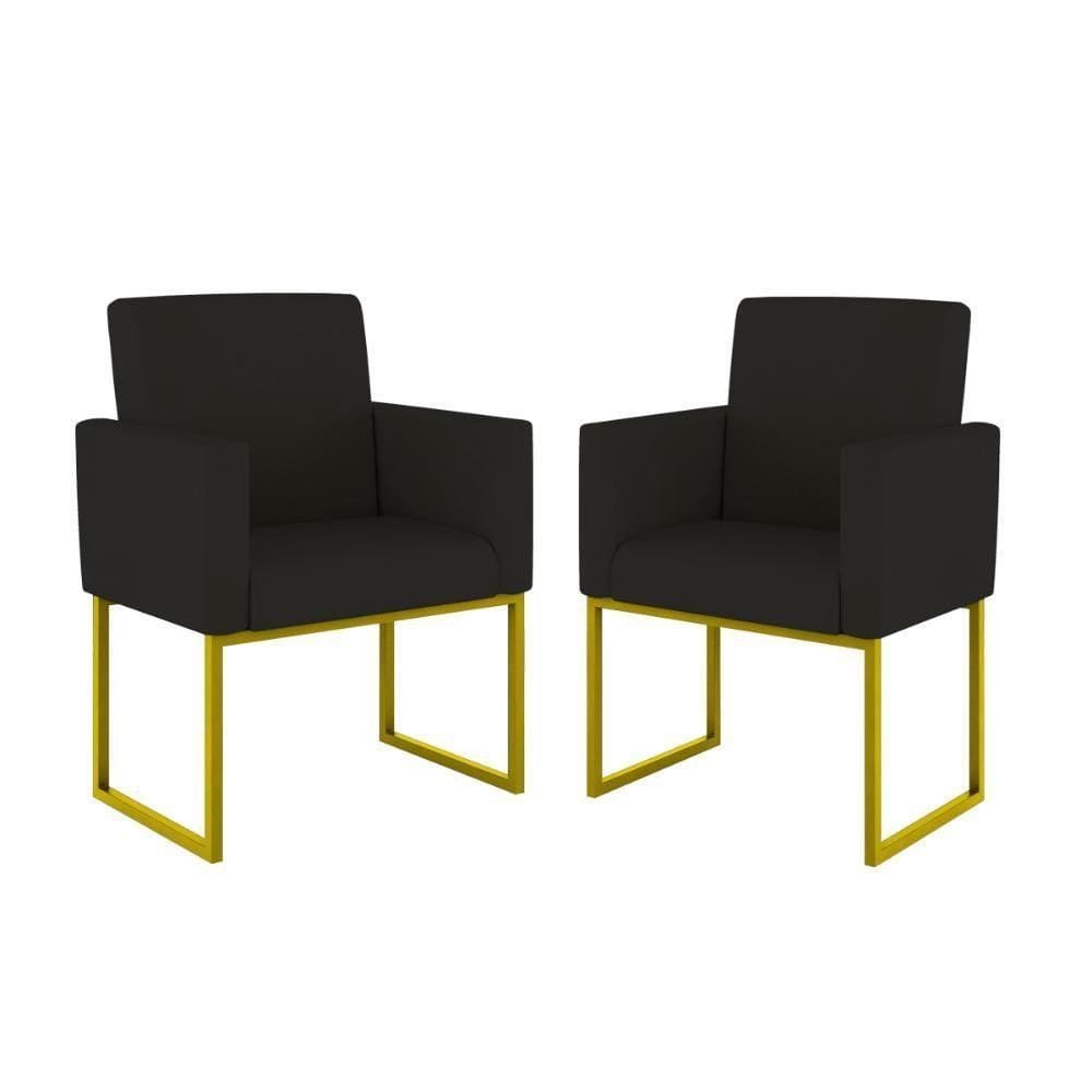 Kit 02 Poltronas Com Base De Ferro Dourado Reforçada Balaqui Decor Preto