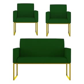 Kit 2 Poltronas + Namoradeira Lugares Recepção Base Dourada Verde