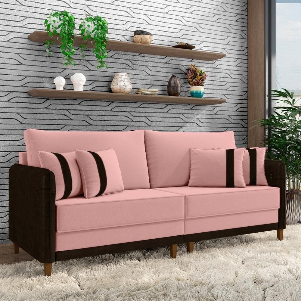 Sofá Living Montecarlo 2 Lugares Bipartido 212cm Pés Em Madeira Veludo-pu Rosê-marrom G33 Gran Belo