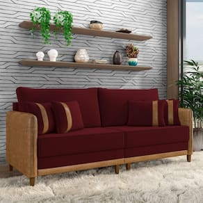 Sofá Living Montecarlo 3 Lugares Bipartido 252cm Pés Em Madeira Veludo-pu Bordô-caramelo G33 Gran Belo