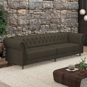 Sofá Living Stanford Chesterfield 3 Lugares 240cm Pés De Madeira Couro Capuccino G58 Gran Belo