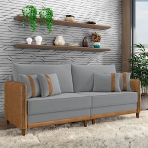 Sofá Living Montecarlo 2 Lugares Bipartido 212cm Pés Em Madeira Veludo-pu Cinza-caramelo G33 Gran Belo