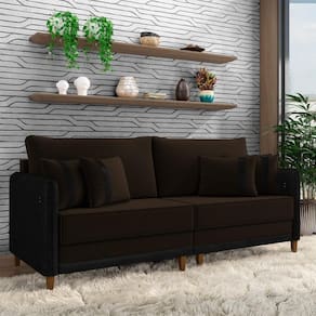 Sofá Living Montecarlo 3 Lugares Bipartido 252cm Pés Em Madeira Veludo-pu Marrom-preto G33 Gran Belo