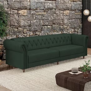 Sofá Living Stanford Chesterfield 3 Lugares 260cm Pés De Madeira Couro Verde G58 Gran Belo