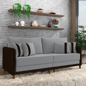 Sofá Living Montecarlo 3 Lugares Bipartido 232cm Pés Em Madeira Veludo-pu Cinza-marrom G33 Gran Belo