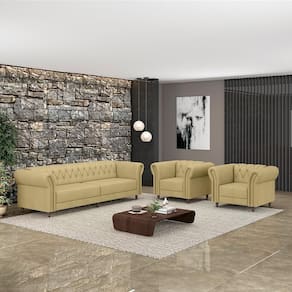 Conjunto 1 Sofá Living 240cm E 2 Poltronas Stanford Chesterfield Pés Madeira Couro Bege G58 Gran Belo