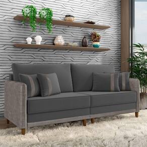 Sofá Living Montecarlo 3 Lugares Bipartido 232cm Pés Em Madeira Veludo-pu Grafite-cinza G33 Gran Belo