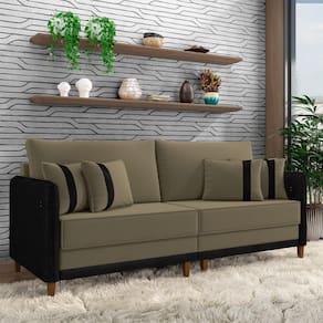 Sofá Living Montecarlo 3 Lugares Bipartido 232cm Pés Em Madeira Veludo-pu Castor-preto G33 Gran Belo