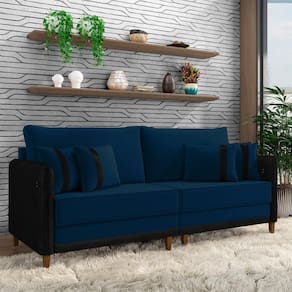 Sofá Living Montecarlo 2 Lugares Bipartido 212cm Pés Em Madeira Veludo-pu Azul-preto G33 Gran Belo