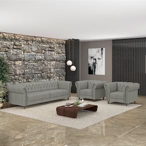 Conjunto 1 Sofá Living 180cm E 2 Poltronas Stanford Chesterfield Pés Madeira Couro Cinza G58 Gran Belo