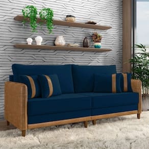 Sofá Living Montecarlo 3 Lugares Bipartido 232cm Pés Em Madeira Veludo-pu Azul-caramelo G33 Gran Belo