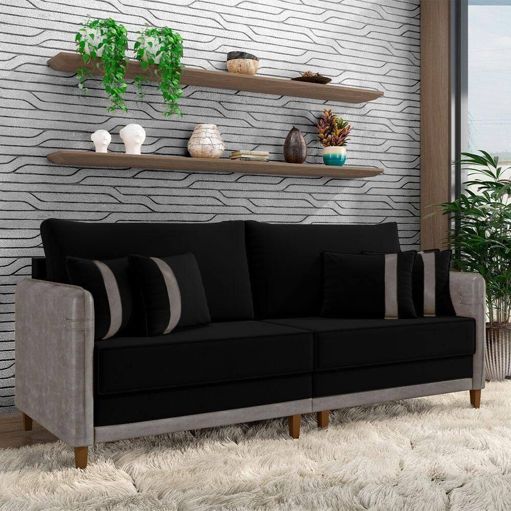 Sofá Living Montecarlo 2 Lugares Bipartido 172cm Pés Em Madeira Veludo-pu Preto-cinzag33 Gran Belo