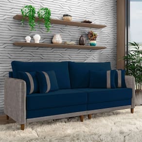 Sofá Living Montecarlo 2 Lugares Bipartido 192cm Pés Em Madeira Veludo-pu Azul-cinza G33 Gran Belo