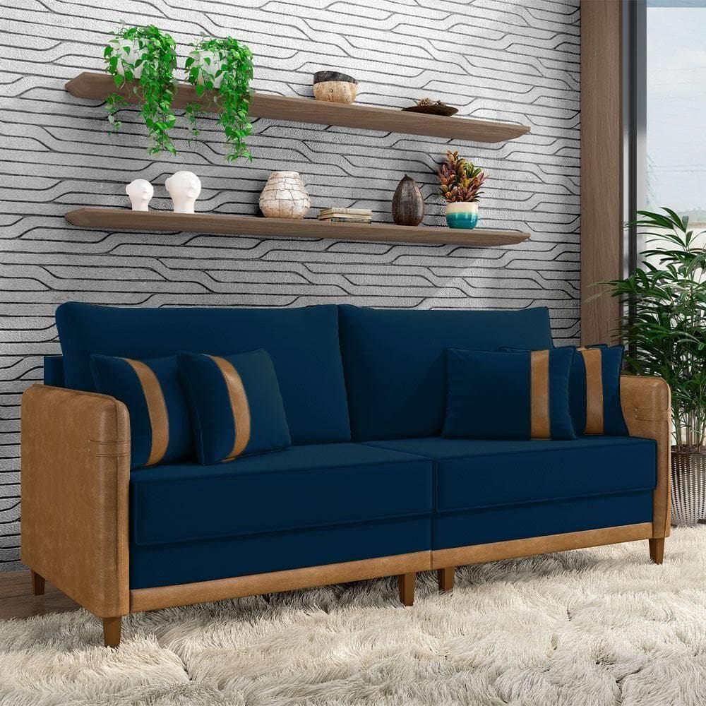 Sofá Living Montecarlo 2 Lugares Bipartido 192cm Pés Em Madeira Veludo-pu Azul-caramelo G33 Gran Belo