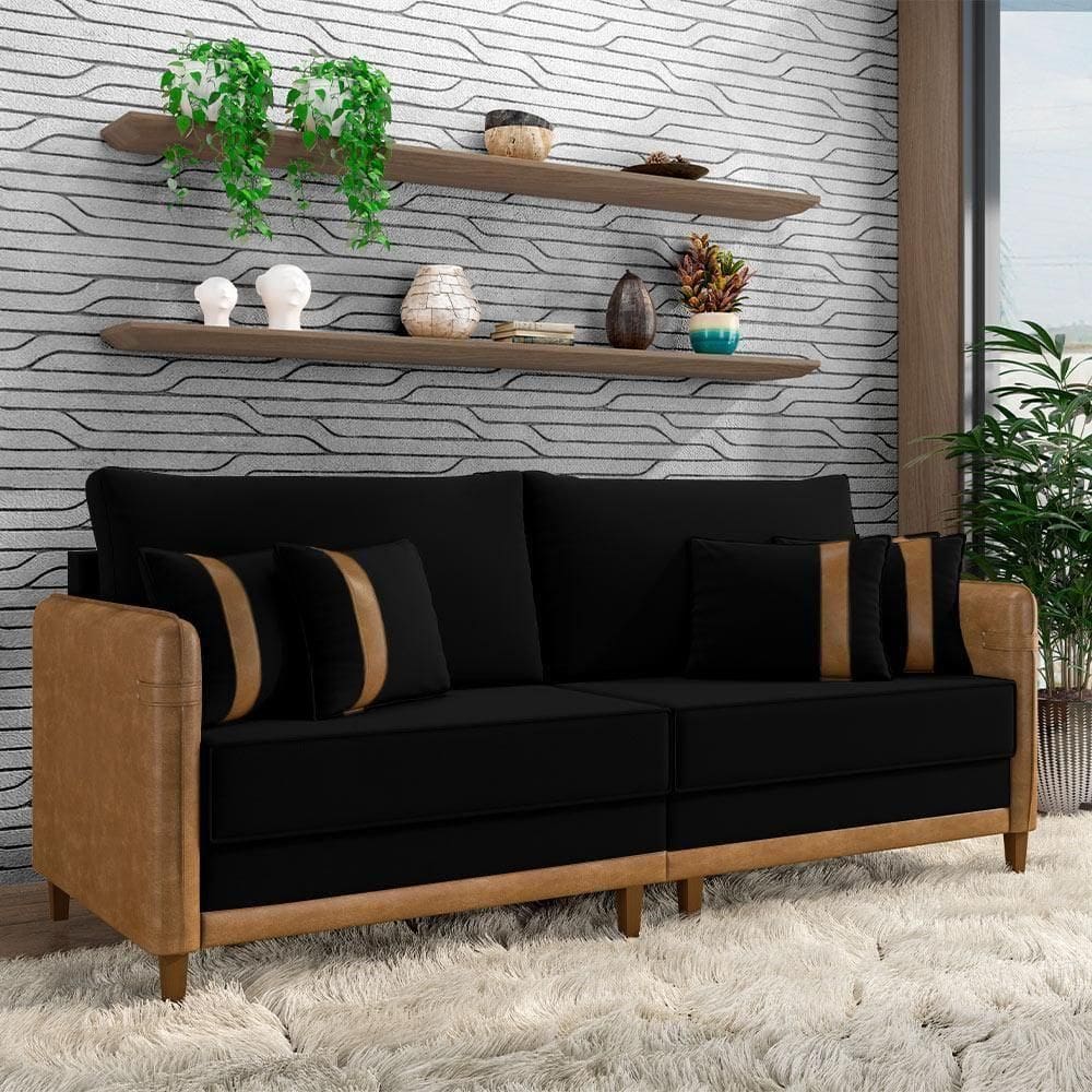 Sofá Living Montecarlo 3 Lugares Bipartido 232cm Pés Em Madeira Veludo-pu Preto-caramelo G33 Gran Belo