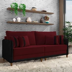 Sofá Living Montecarlo 3 Lugares Bipartido 252cm Pés Em Madeira Veludo-pu Bordô-preto G33 Gran Belo