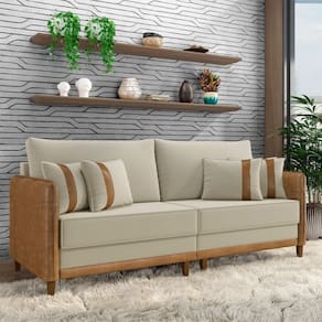 Sofá Living Montecarlo 3 Lugares Bipartido 232cm Pés Em Madeira Veludo-pu Bege-caramelo G33 Gran Belo