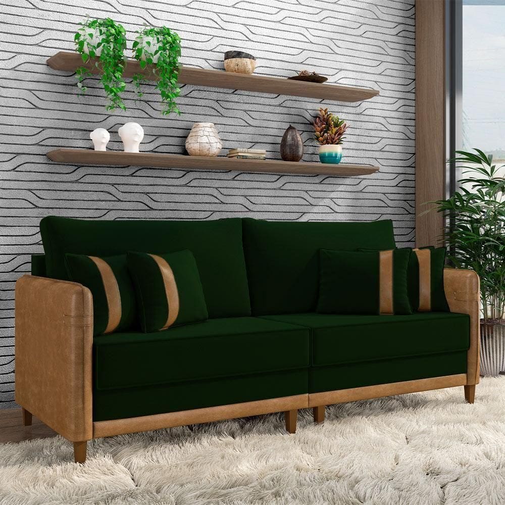 Sofá Living Montecarlo 3 Lugares Bipartido 232cm Pés Em Madeira Veludo-pu Verde-caramelo G33 Gran Belo