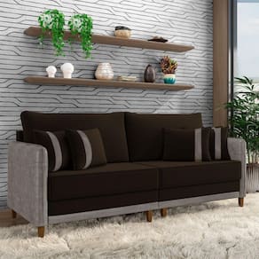 Sofá Living Montecarlo 3 Lugares Bipartido 232cm Pés Em Madeira Veludo-pu Marrom-cinza G33 Gran Belo