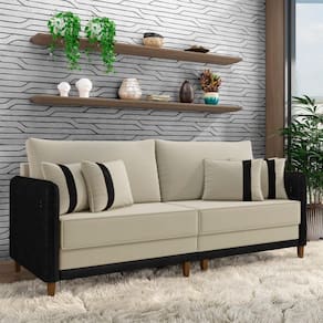 Sofá Living Montecarlo 3 Lugares Bipartido 232cm Pés Em Madeira Veludo-pu Bege-preto G33 Gran Belo