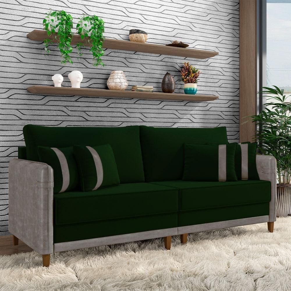 Sofá Living Montecarlo 2 Lugares Bipartido 212cm Pés Em Madeira Veludo-pu Verde-cinza G33 Gran Belo